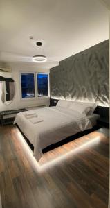 a bedroom with a large bed and two windows at Tirana Central Rooms in Tirana