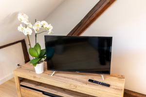 a flat screen tv sitting on top of a wooden table at Apartment with Entresol Old Town Krakow in Krakow