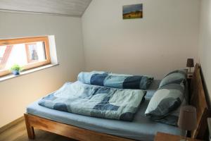 1 dormitorio con 2 camas y ventana en Ferienwohnung Pfrang en Michelau