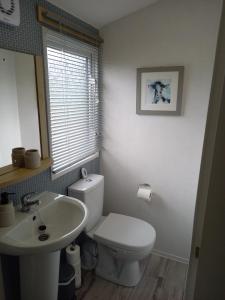 a bathroom with a white toilet and a sink at Lindens on the Lido in Knaresborough