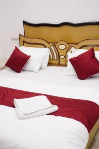 een slaapkamer met 2 bedden met rode en witte kussens bij Rising Shemesh Home Stay in Udaipur