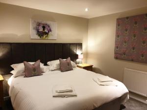 a bedroom with a large white bed with pillows at Peaceful relaxing home with leisure in Saint Columb Major