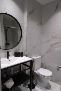 a bathroom with a sink and a toilet and a mirror at Apartamentos sobre o Douro in Porto