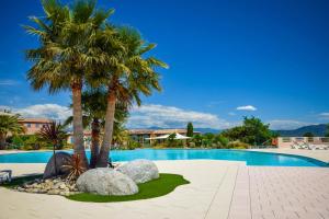 a swimming pool with two palm trees and rocks at Esprit du Sud Le Rocher d'Azur in La Rouviere