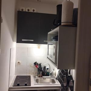 uma cozinha com um lavatório e um micro-ondas em Home sweet to Paris em Clichy