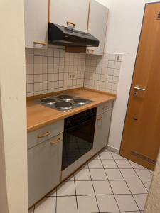 una piccola cucina con piano cottura e lavandino di Appartement Donauwelle 2 a Passavia