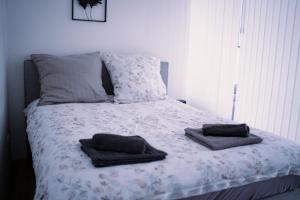 - un lit avec 2 oreillers dans l'établissement Modernes Apartment in der Altstadt , kostenlose Parkplätze in der Nähe, à Emden