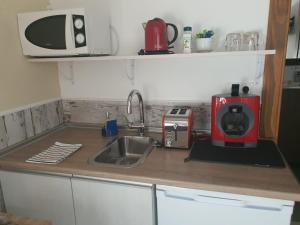 a kitchen counter with a sink and a microwave at La Baraka de Guadalmar B&B Aeropuerto , Free breakfast in Málaga