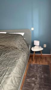 a bedroom with a bed and a side table at Ferienwohnung in Freiberg nahe Bahnhof in Freiberg