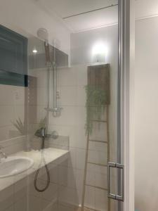 a bathroom with a shower and a sink at Sous les tropiques in La Trinité +22 photos