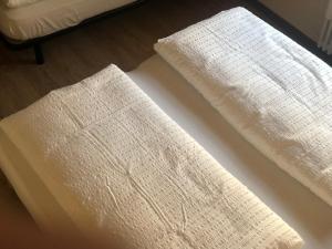 two white towels are sitting on the floor at B&B Tilde in Tesero