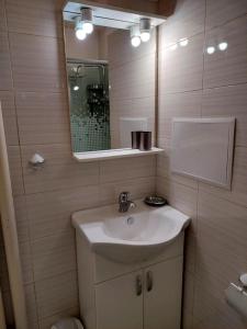La salle de bains est pourvue d'un lavabo et d'un miroir. dans l'établissement Doris' 1 Bedroom Apartment, à Sofia