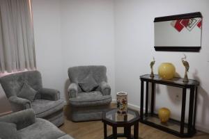 uma sala de estar com duas cadeiras e uma televisão em Laguna Plaza Hotel em Brasília