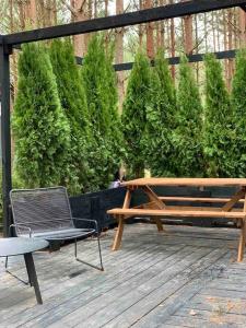 a wooden picnic table and a chair on a deck at Domek SzumiSosna2 in Życiny