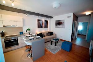 a kitchen and a living room with a couch at Zagreb Lodge Apartman 1 in Zagreb
