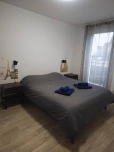 Un dormitorio con una cama con toallas azules. en CALME et COSY - proche Orly, en La Ville-du-Bois