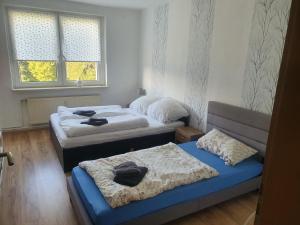 two beds in a small room with two beds sidx sidx sidx at Monteurwohnung Kuhfelde in Kuhfelde