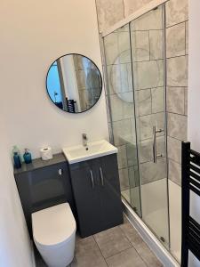 a bathroom with a shower and a toilet and a mirror at Barn Conversion, Town Centre, Brand new, Beautiful designed, light, fresh and spacious, Secure parking option, Netflix TV ready, Wifi in Wellingborough