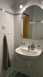 Baño blanco con lavabo y espejo en Hotel Pod Vlekem, en Loucná pod Klínovcem