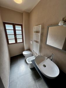 a bathroom with a sink and a toilet and a mirror at La casa sul fiume in Oulx