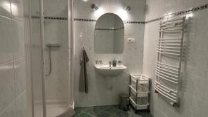 un bagno bianco con lavandino e doccia di Hotel Pod Vlekem a Loučná pod Klínovcem