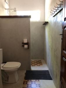 a bathroom with a toilet and a shower at Casa Pintassilgo mini in Santa Cruz Cabrália