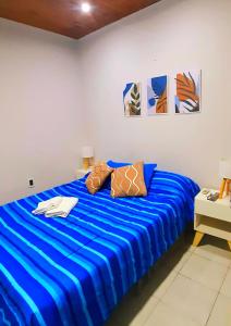 uma cama azul com almofadas num quarto em APART CENTRO RIOJA, Zona Residencial, Parking privado gratis a 100 mts em Mendoza