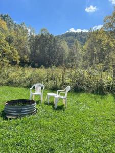 dwa krzesła i miejsce na ognisko w trawie w obiekcie Secluded Cabin on Red Haven Farm w mieście Irvine