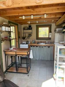 a kitchen with a table and a counter in a room at Secluded Cabin on Red Haven Farm in Irvine