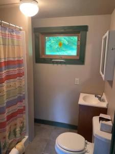 łazienka z toaletą, umywalką i oknem w obiekcie Secluded Cabin on Red Haven Farm w mieście Irvine