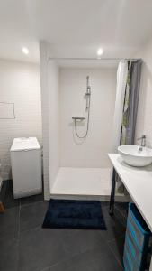 een witte badkamer met een douche en een wastafel bij LES VOLETS BLEUS in Metz