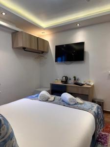 Schlafzimmer mit einem Bett und einem TV an der Wand in der Unterkunft hotel whiteswan in Ehnen