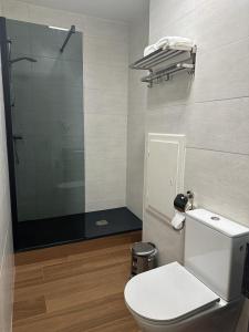 a bathroom with a toilet and a glass shower at hotel whiteswan in Ehnen