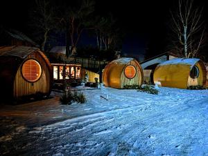 a group of three domes in the snow at night at Eriskay B&B and Aviemore Glamping in Aviemore