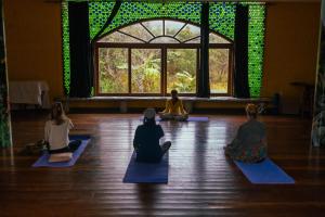 um grupo de pessoas sentadas em uma aula de yoga em Pousada do Capão Chapada Diamantina em Vale do Capão