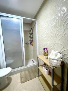 y baño con ducha, aseo y lavamanos. en Appartement Tanger Moulay Ismail, en Tánger