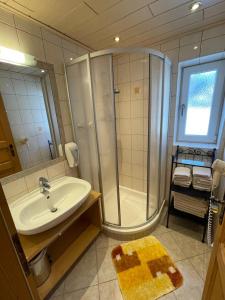 a bathroom with a shower and a sink at Landhaus Brandner in Bramberg am Wildkogel