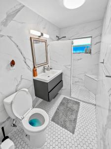 y baño con aseo, lavabo y ducha. en Tropical 2-Bedroom 1-Bath Private Key West-like Home Close To Beach, en Pompano Beach