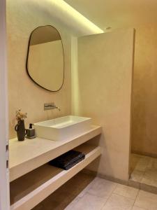 Un baño con un lavabo blanco y un espejo. en Le Divio - Homillesime, en Dijon