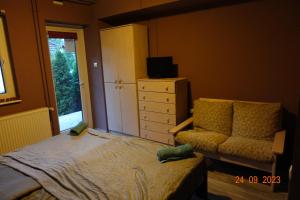 ein Schlafzimmer mit einem Bett, einem Stuhl und einer Kommode in der Unterkunft Páfrány Vendégház in Szálka