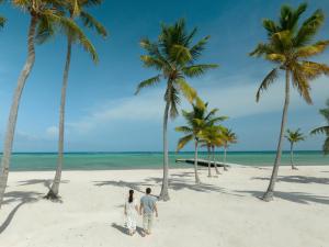 a man and woman walking on a beach with palm trees at Hyatt Zilara Cap Cana - Adults Only in Punta Cana