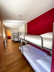 a room with three bunk beds and a red wall at HI Serra da Estrela - Pousada de Juventude in Penhas da Saúde