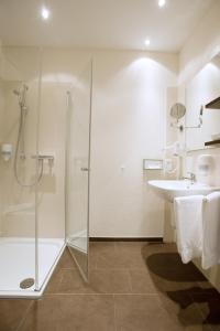 La salle de bains est pourvue d'une douche et d'un lavabo. dans l'établissement Hotel Meiners, à Kirchhatten