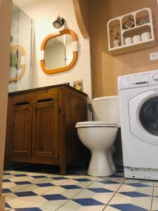 a bathroom with a toilet and a washing machine at Cilaos - maisonnette médocaine avec terrasse attenante face au gîte in Saint-Laurent-de-Médoc +8 photos