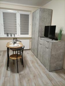 a living room with a table and a tv at Apartament Kościuszko in Malbork