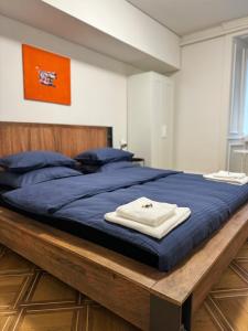 Elle comprend un grand lit avec des draps bleus et des oreillers bleus. dans l'établissement tas24ch Travel and Sleep 24, à Saint-Gall