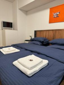 - 2 serviettes au-dessus d'un lit bleu dans l'établissement tas24ch Travel and Sleep 24, à Saint-Gall