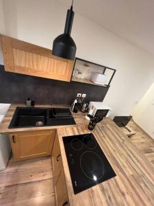 uma cozinha com um fogão e um lavatório em Appartement chaleureux en hyper centre de Gap em Gap