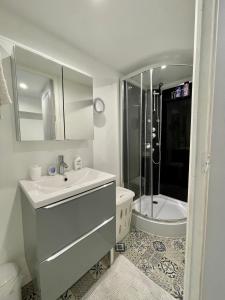 a white bathroom with a sink and a shower at Loft Fourvière in Lyon