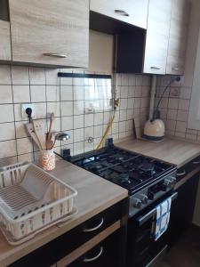 a kitchen counter with a stove and a sink at Apartman a város felett (Apartment above the city) in Eger